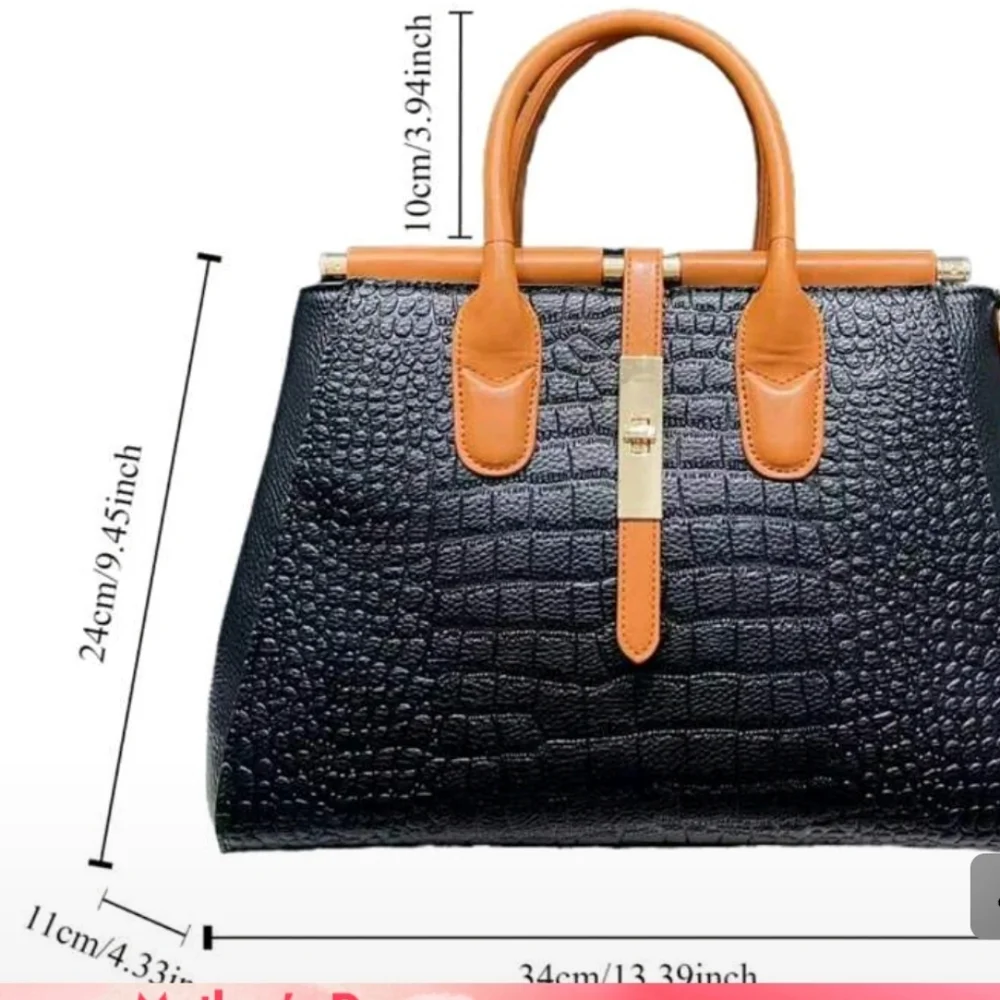 Classic Croc-Texture Tote Bag - Black & Tan - Picture 4 of 9